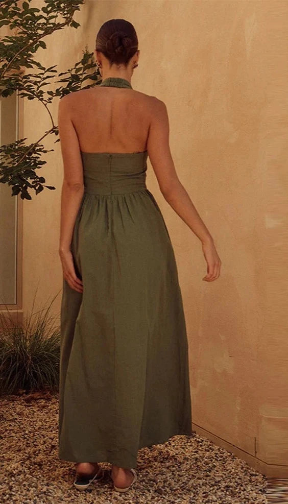 Summer Breeze Pleated Halter Dress with Bare Back