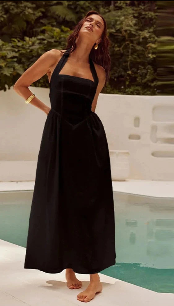 Summer Breeze Pleated Halter Dress with Bare Back