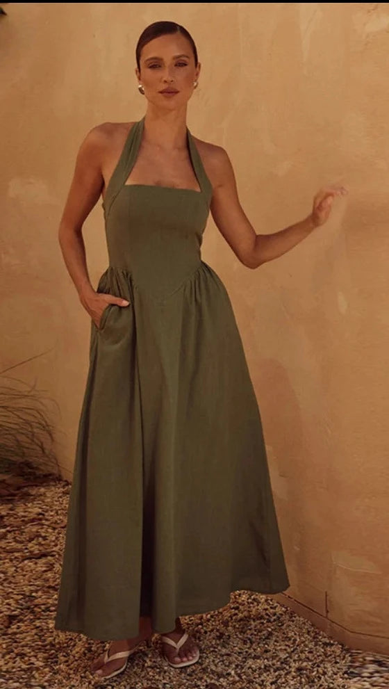 Summer Breeze Pleated Halter Dress with Bare Back