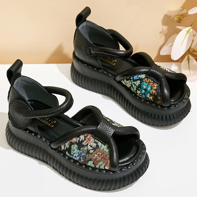 Sandales rétro en cuir véritable avec semelles épaisses