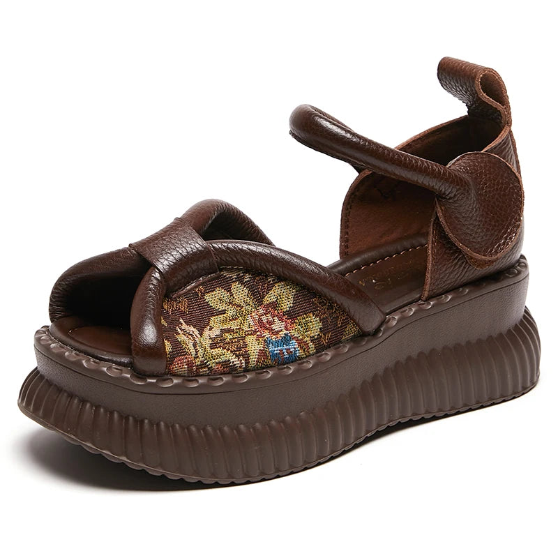 Sandales rétro en cuir véritable avec semelles épaisses