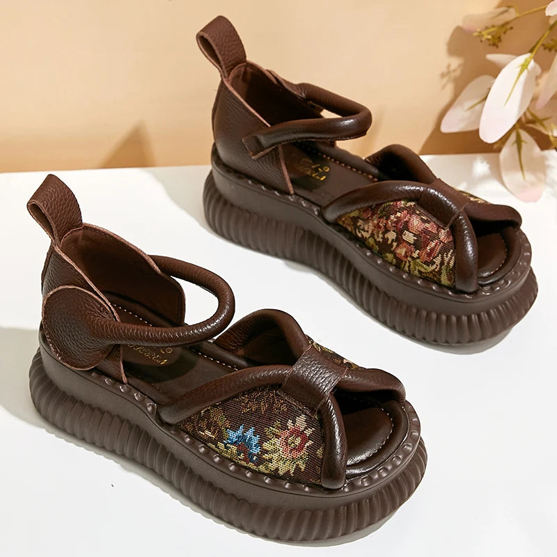 Sandales rétro en cuir véritable avec semelles épaisses