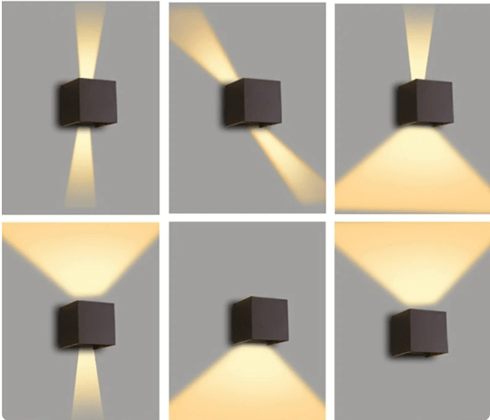 Een collage van verschillende beelden van de moderne LED-wandlampen van Glamovio, die verschillende lichteffecten tonen. Elke lamp straalt licht uit in twee richtingen, waardoor een stijlvolle en sfeervolle verlichting ontstaat, ideaal voor moderne interieurs.
