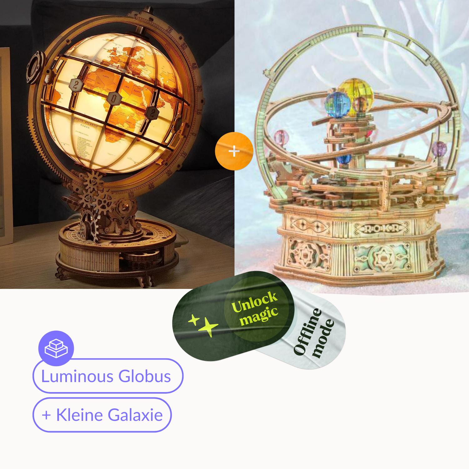 De Gloware Luminous Globus, verlicht met een steampunk ontwerp, gecombineerd met de Kleine Galaxie. Samen creëren ze een betoverende, inspirerende sfeer, perfect voor elke ruimte.