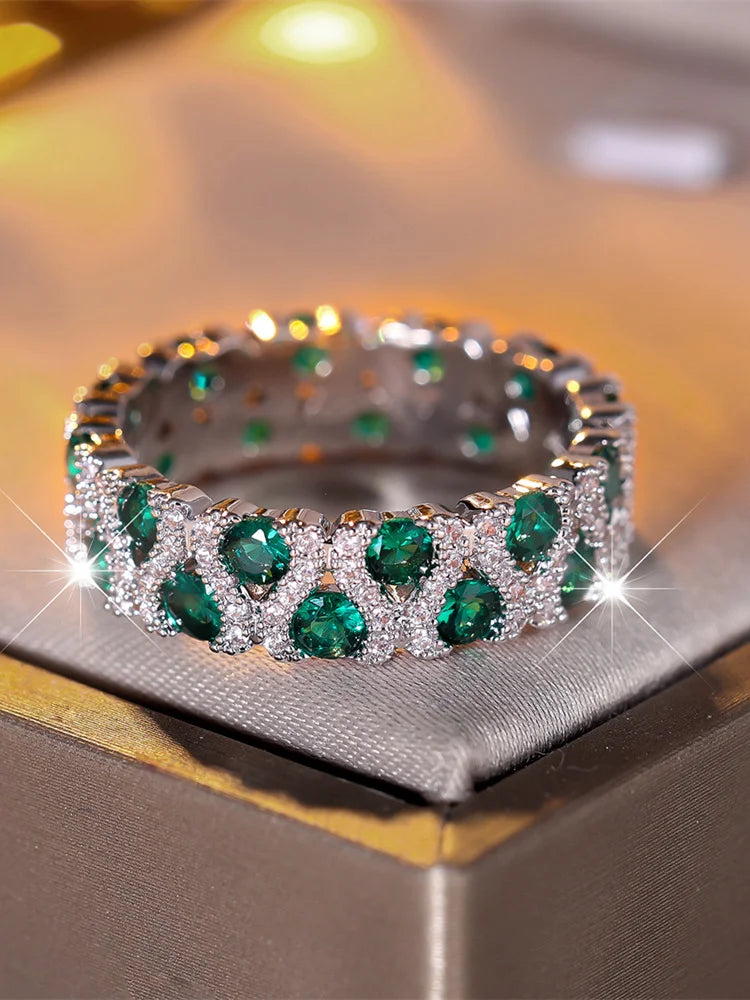 BrillanteBloesem Green Crystal Engagement and Wedding Rings Set