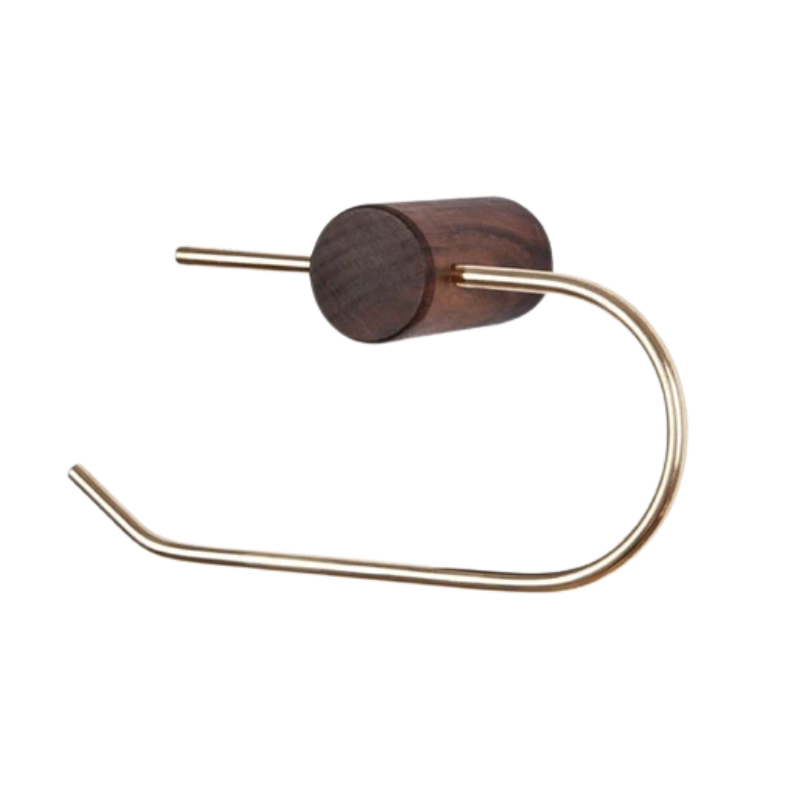 Harmano toiletrolhouder met een elegant design. De houder heeft een gebogen gouden metalen frame met een donkere houten bevestigingspunt. Een stijlvolle en praktische toevoeging voor elke badkamer of toiletruimte.