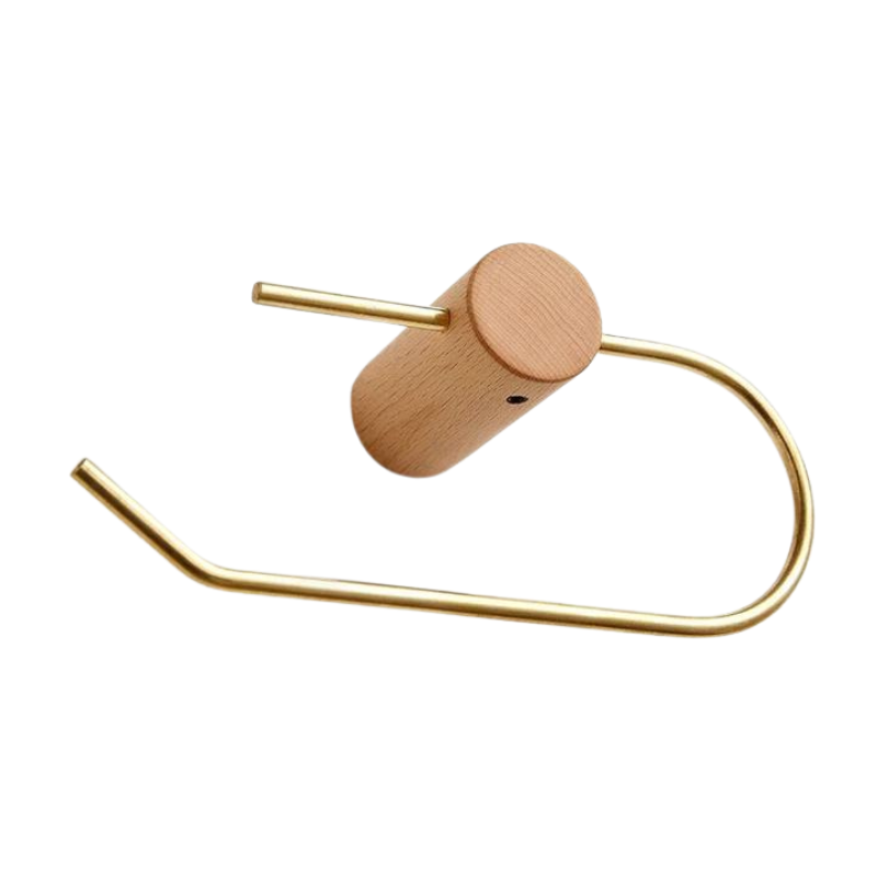 Harmano toiletrolhouder met een elegant design. De houder heeft een gebogen gouden metalen frame met een lichte houten bevestigingspunt. Stijlvol en praktisch voor elke badkamer of toiletruimte.