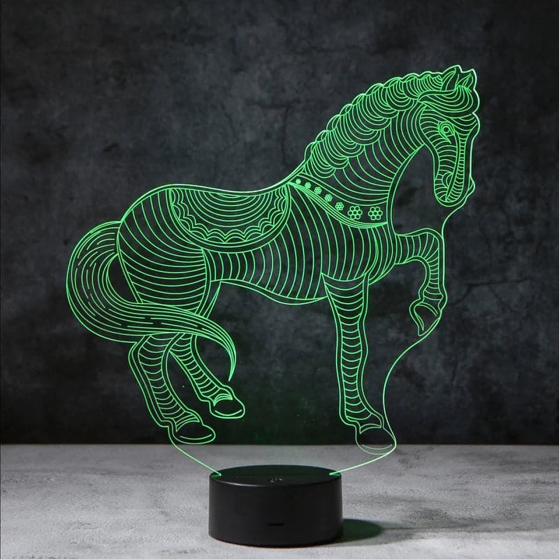 Een 3D-nachtlamp in de vorm van een paard, dat in zacht groen licht straalt. Deze kunstzinnige lamp zorgt voor een rustgevende sfeer en geeft uw ruimte een elegante en ontspannende uitstraling.
