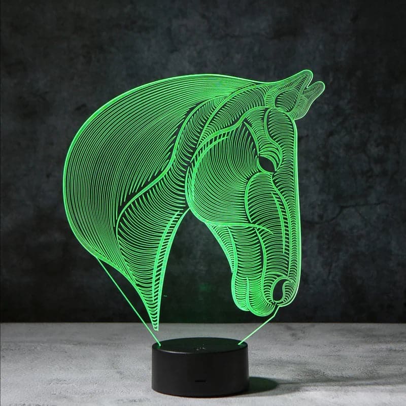 Een 3D-nachtlamp in de vorm van een paardenhoofd, die in rustgevend groen licht straalt. Deze kunstzinnige lamp biedt een ontspannende sfeer en voegt tegelijkertijd elegantie toe aan elke kamer. Perfect voor een stijlvolle verlichting.