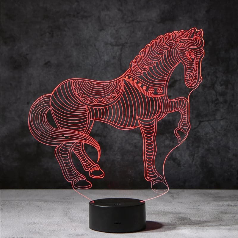 Een 3D-nachtlamp in de vorm van een paard, dat straalt in levendig rood licht. Deze unieke lamp geeft uw ruimte een stijlvolle en rustgevende sfeer en is een geweldig decoratief hoogtepunt voor elke kamer.
