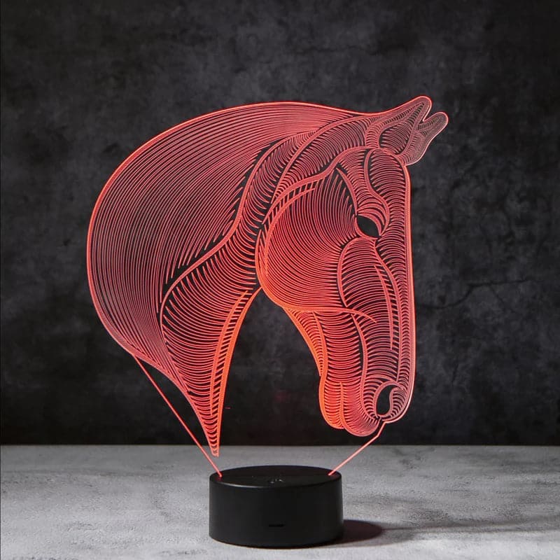 Een 3D-nachtlamp in de vorm van een paardenhoofd, die in intens rood licht straalt. Deze creatieve lamp geeft uw ruimte een warme en elegante sfeer en is perfect als stijlvol decoratie-element voor elke kamer.