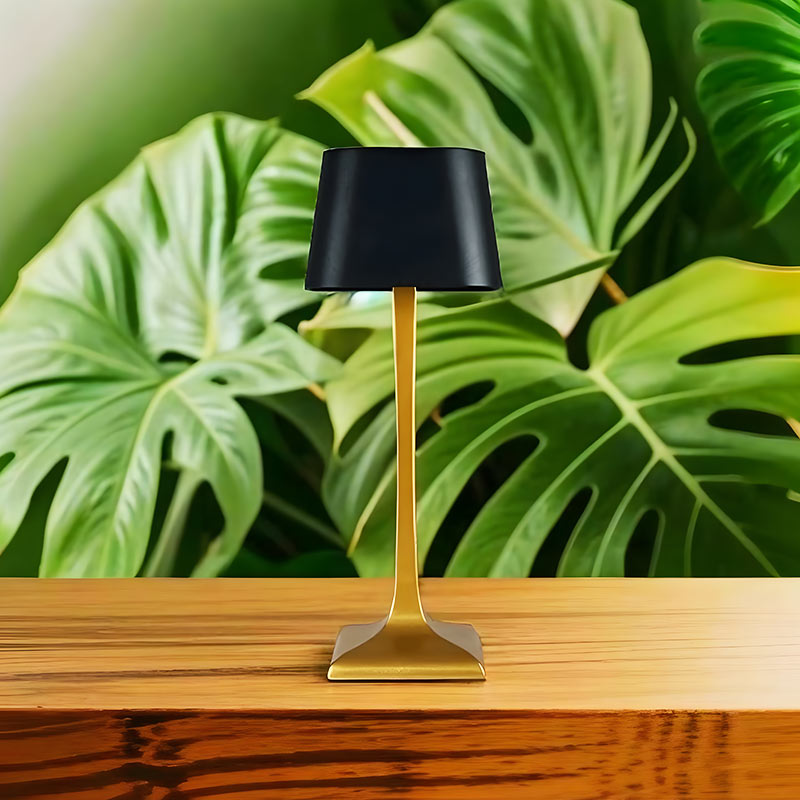 Helvona LED lamp met een slank goudkleurig frame en een zwarte kap, geplaatst op een houten oppervlak met grote groene bladeren op de achtergrond. Een energiezuinige en stijlvolle tafellamp die perfect past in een modern interieur of als accentverlichting in de woonkamer of slaapkamer.
