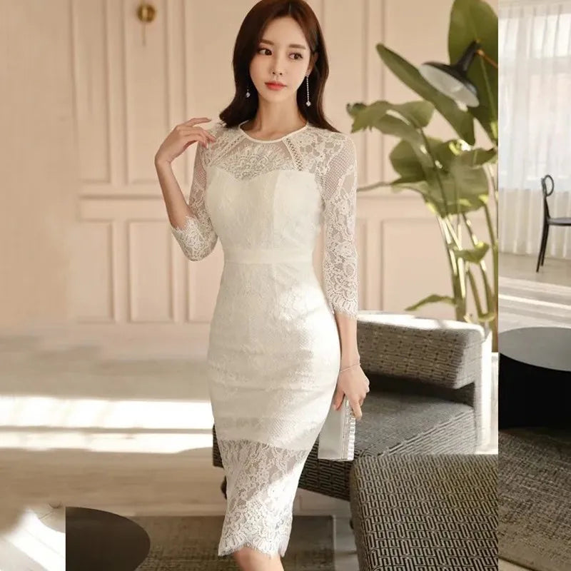 Dazzling Lace Party Dress Women New 2024 Spring Korean Style Backless Elegant Slim Women Knee-Length Bodycon Dresses W1553