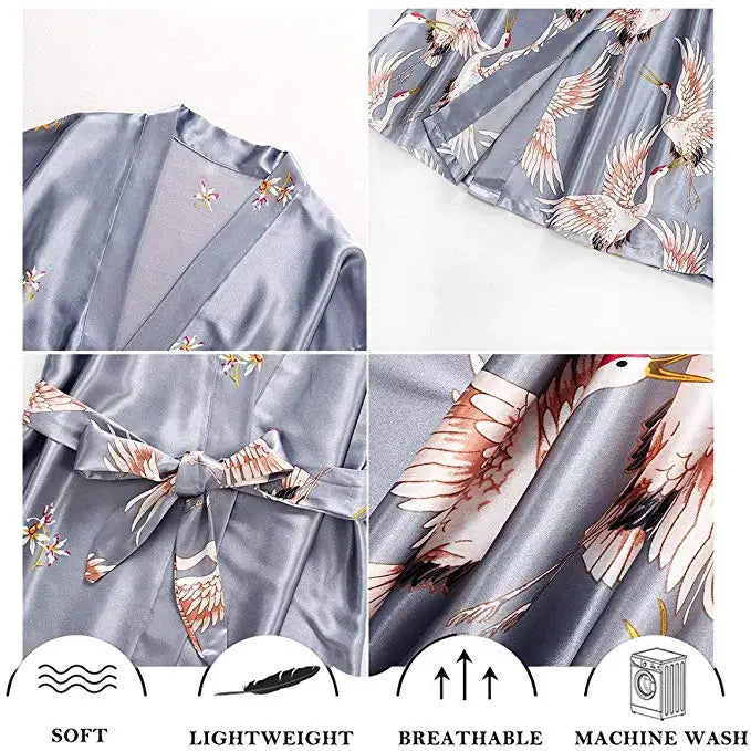 Seraphina Zwarte Zomerse Satijnen Kimono Badjas Damesjurk