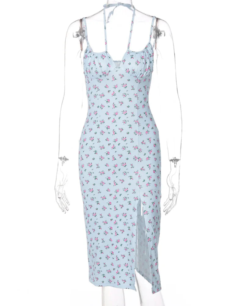 Satin Slip Maxi Jurk met Bloemen en Ruches