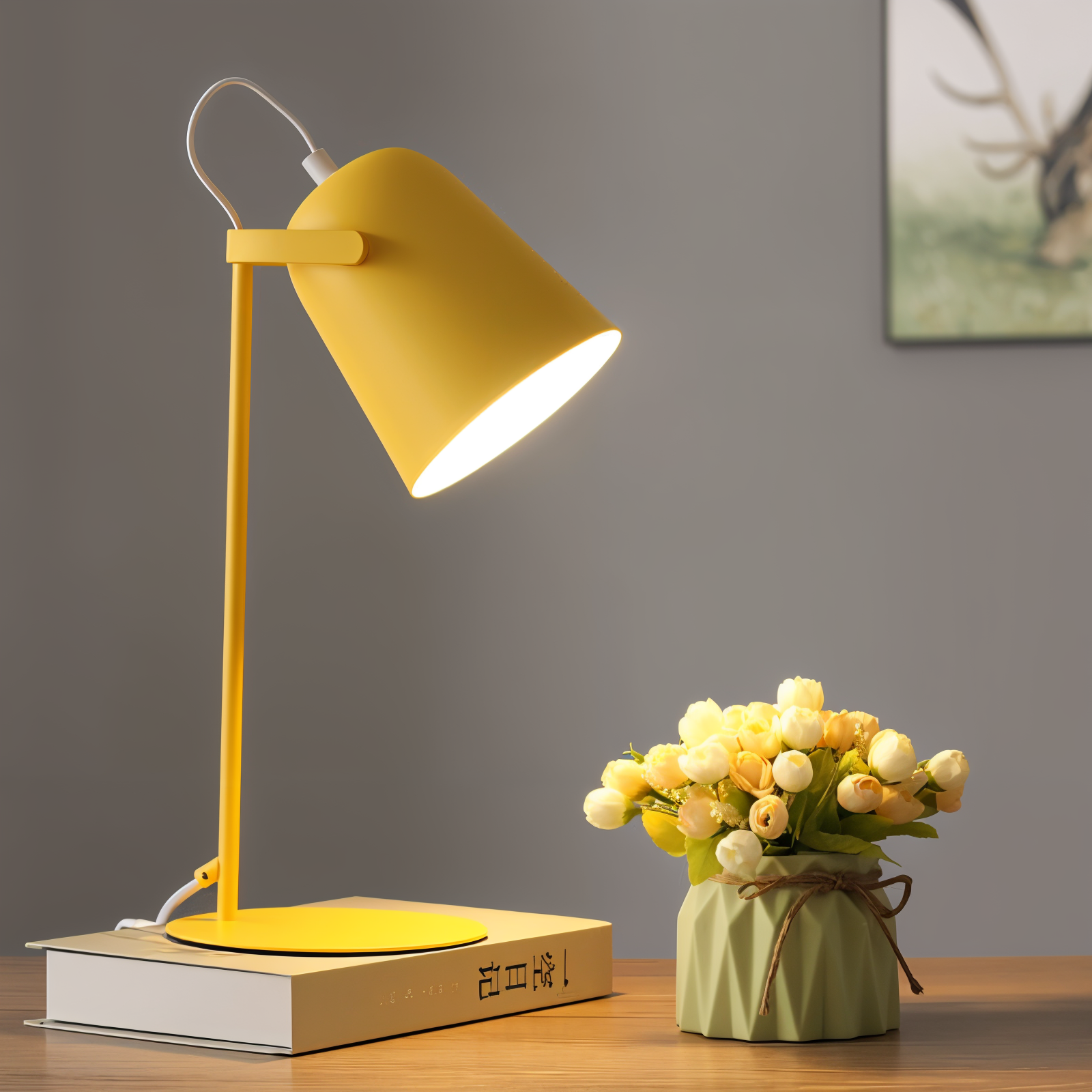 JAVERTA verstelbare lamp in geel, met een boekenstapel en een bloemvaasje op een bureau.