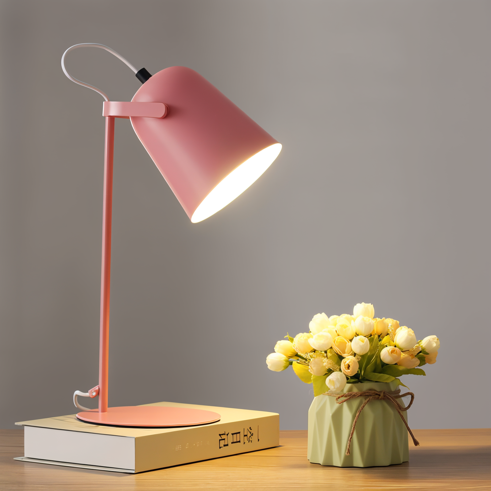 JAVERTA verstelbare lamp in roze, met een boekenstapel en een bloemvaasje op een bureau.