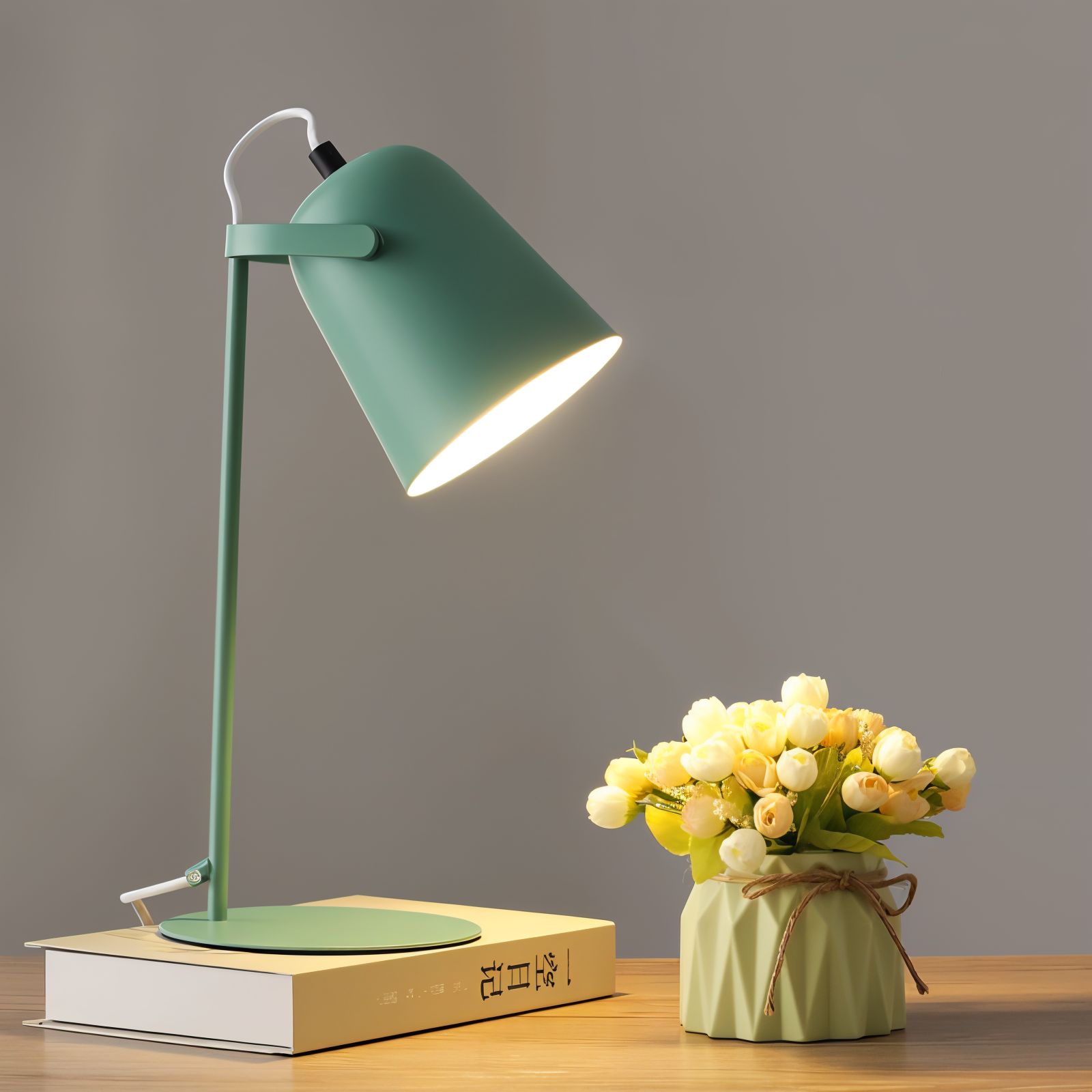 JAVERTA verstelbare lamp in groen, met een boekenstapel en een bloemvaasje op een bureau.