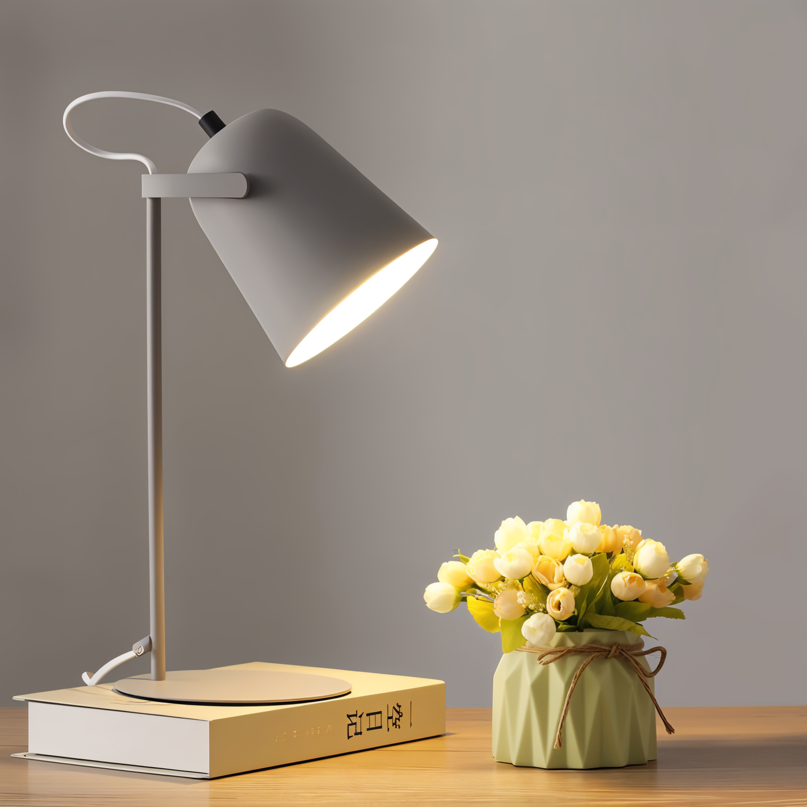 JAVERTA verstelbare lamp in grijs, met een boekenstapel en een bloemvaasje op een bureau.