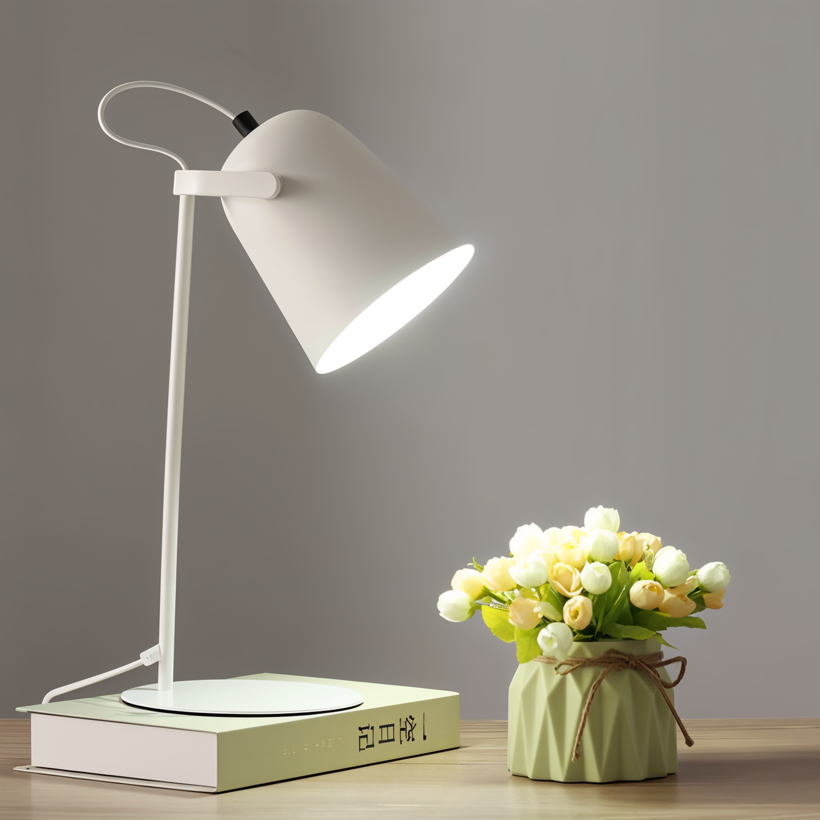 JAVERTA verstelbare lamp in wit, met een boekenstapel en een bloemvaasje op een bureau.