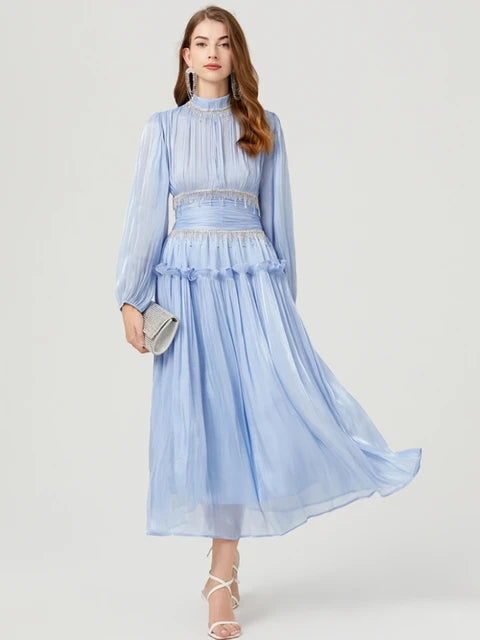Zomergala Luxe Glanzende Diamanten Kettingkwastjes Geplooide Promjurk
