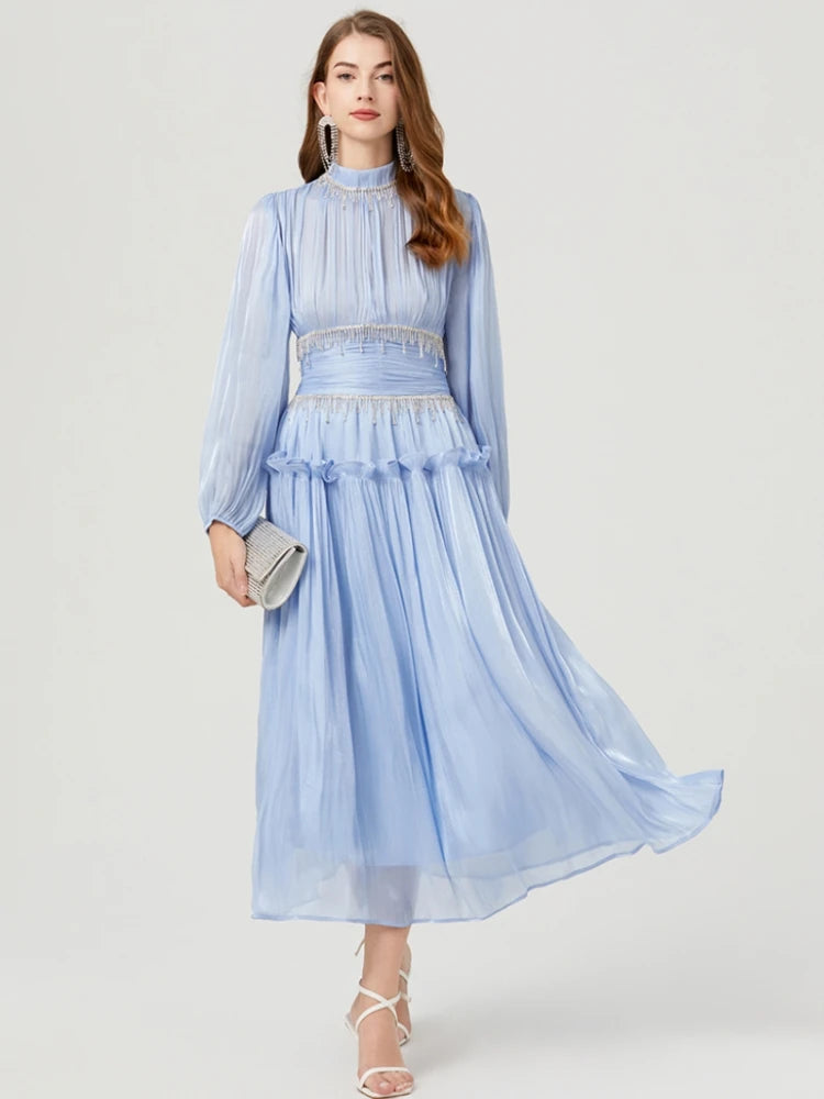 Zomergala Luxe Glanzende Diamanten Kettingkwastjes Geplooide Promjurk