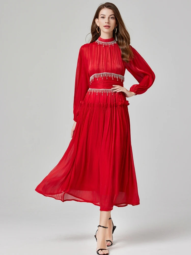 Zomergala Luxe Glanzende Diamanten Kettingkwastjes Geplooide Promjurk