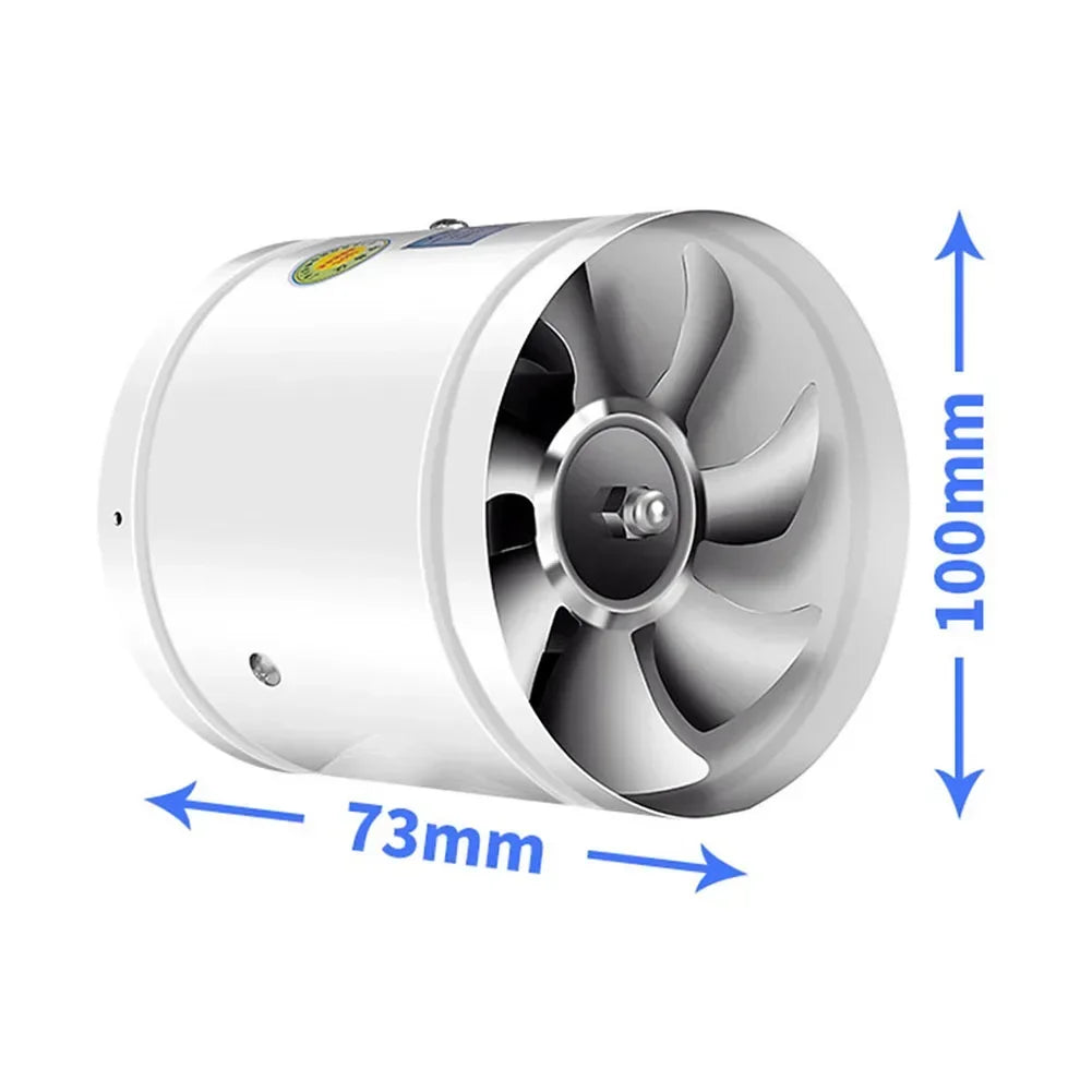 Een witte luchtventilator met een krachtige metalen ventilator, met afmetingen van 73mm breed en 100mm hoog. Het ontwerp is compact en geschikt voor efficiënte luchtstroom in verschillende ruimtes.