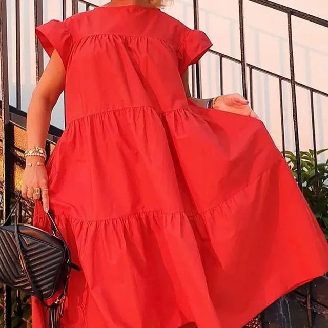 Romantisches grafisches Schwingkleid mit Rüschen