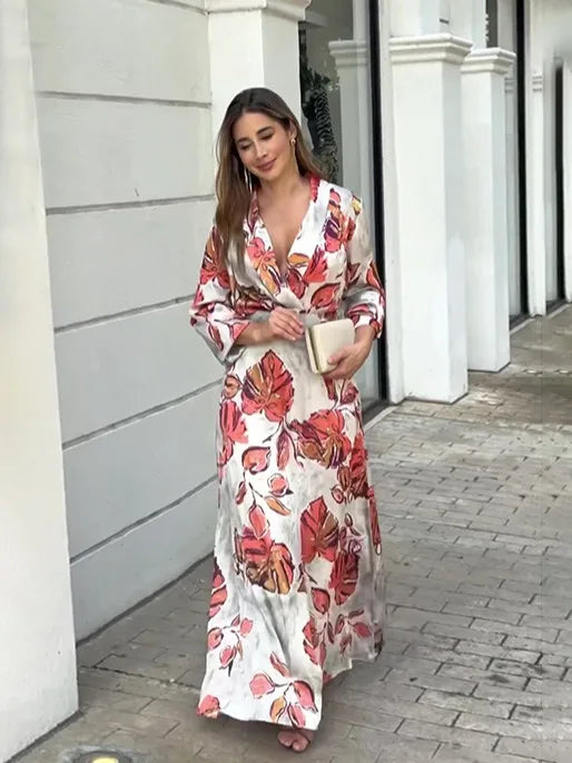 Zoe Elegance V-Hals Bloemenprint Maxi Jurk
