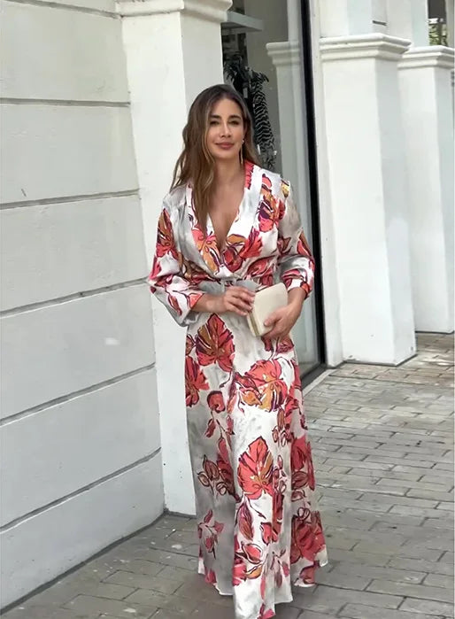 Zoe Elegance V-Hals Bloemenprint Maxi Jurk