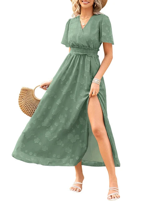 Women's dresses 2024 - V-neck, high waist, striped long dress with jacquard pattern