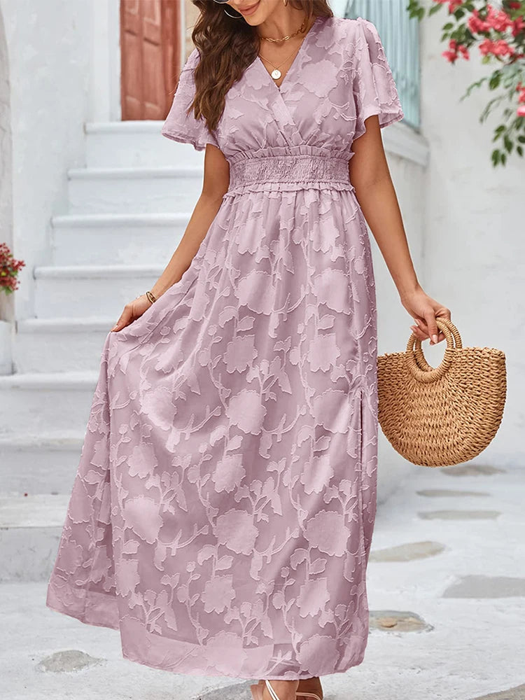 Women's dresses 2024 - V-neck, high waist, striped long dress with jacquard pattern