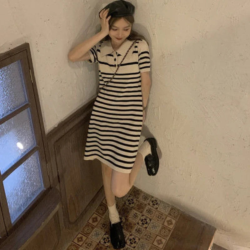 ChicAllure Striped Knit Dress with Collar