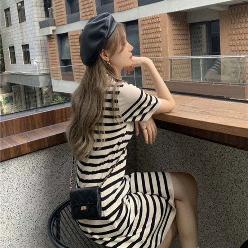 ChicAllure Striped Knit Dress with Collar