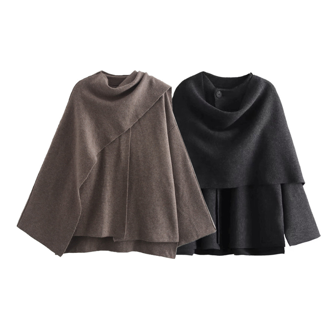 Tijdloze Kallista capes in donkergrijs en bruin, ontworpen met een chique en minimalistische uitstraling. Perfect voor een elegante en veelzijdige look in elk seizoen.
