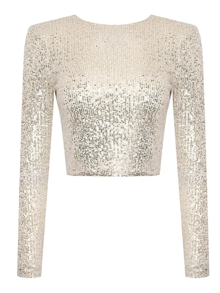 Karolin | Met pailletten versierde crop top met lange mouwen