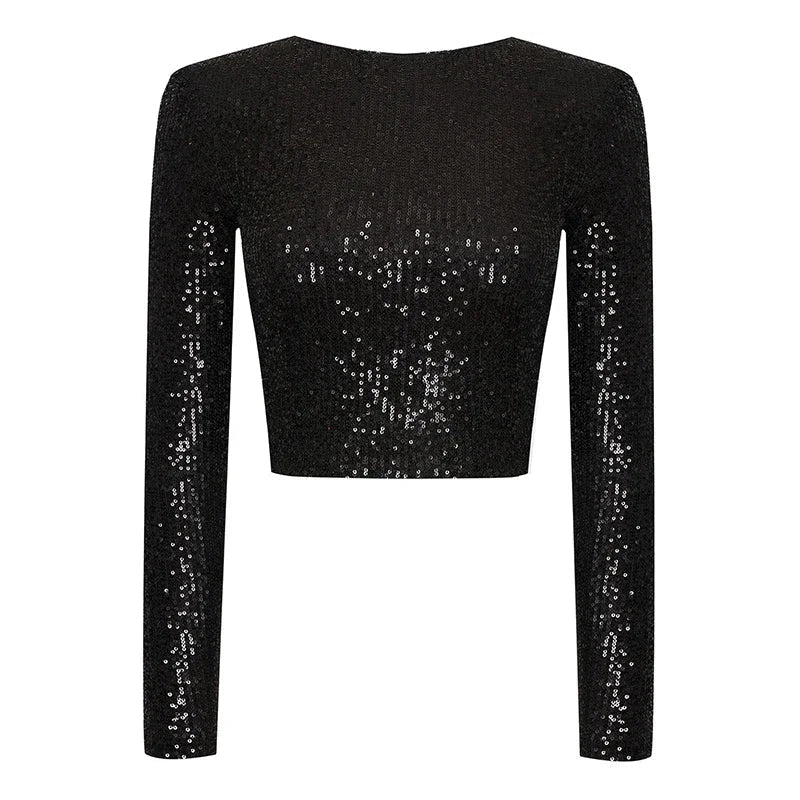Karolin | Met pailletten versierde crop top met lange mouwen