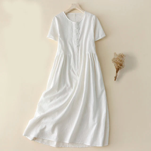Cotton Linen Embroidered Short Sleeve Paneled Dress