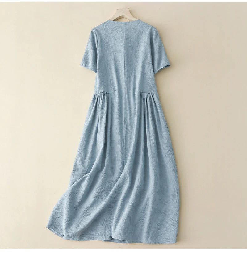 Cotton Linen Embroidered Short Sleeve Paneled Dress