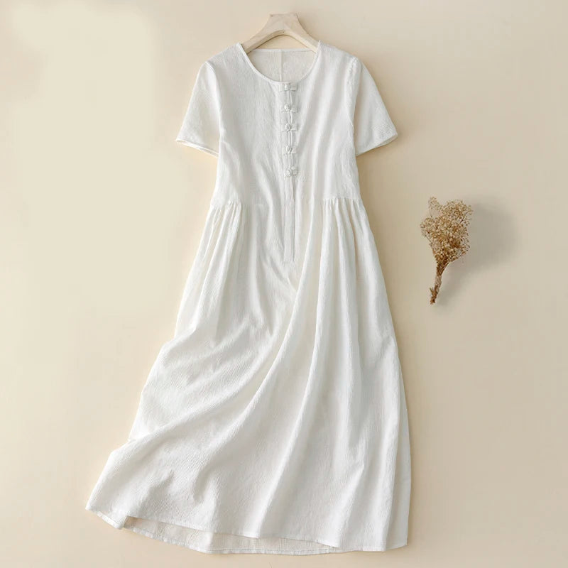 Cotton Linen Embroidered Short Sleeve Paneled Dress