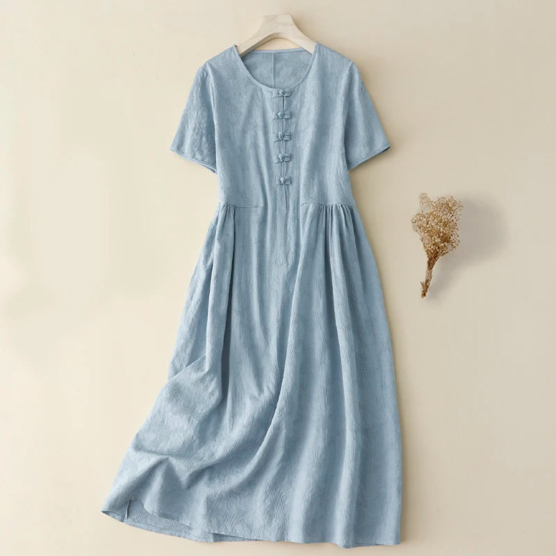 Cotton Linen Embroidered Short Sleeve Paneled Dress