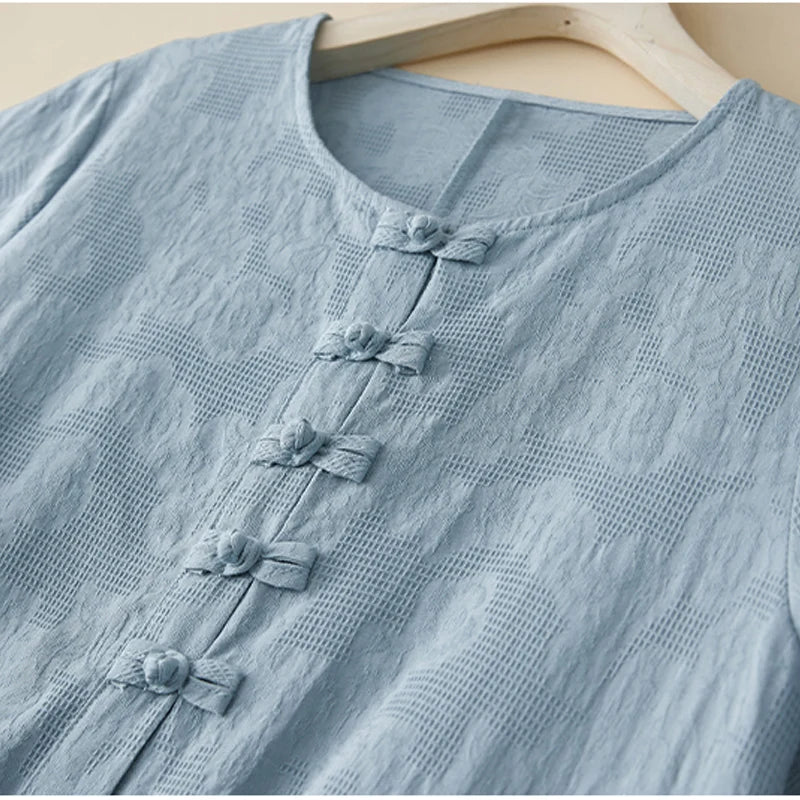 Cotton Linen Embroidered Short Sleeve Paneled Dress