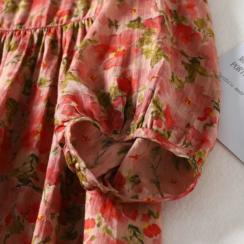 Zomerse Bries Katoenen en Linnen Gedrukte Geperste Geplooide Korte Mouw Jurk