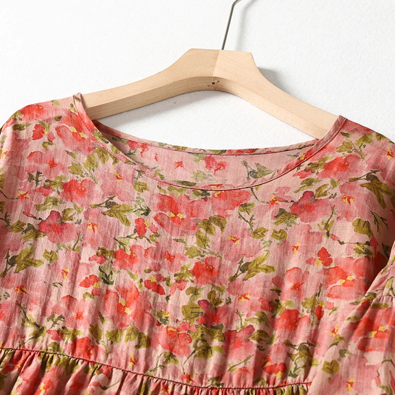 Zomerse Bries Katoenen en Linnen Gedrukte Geperste Geplooide Korte Mouw Jurk