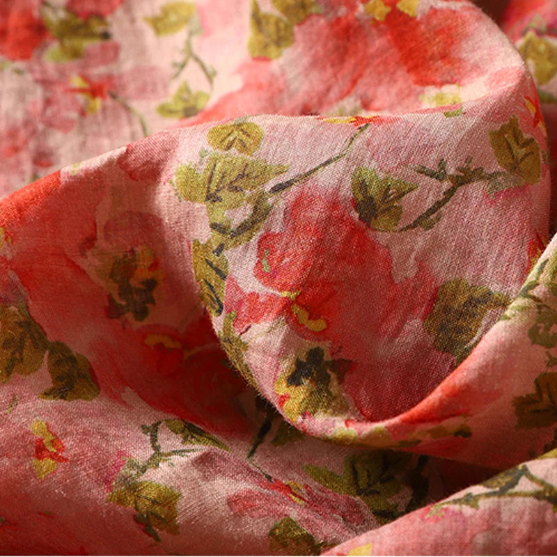 Zomerse Bries Katoenen en Linnen Gedrukte Geperste Geplooide Korte Mouw Jurk