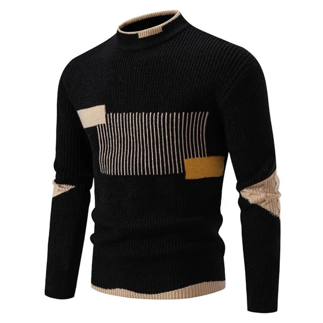 Keenex veelzijdige trui in zwart met een modern geometrisch patroon in beige en mosterdgeel, met een stijlvolle gebreide textuur en een hoge hals.