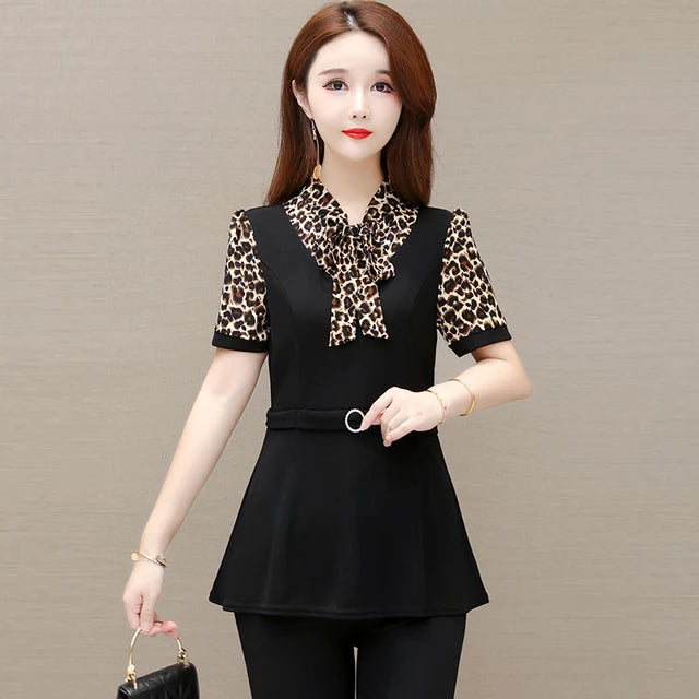 Eleganza Sommer Damen Vintage Lockeres Peplum Top mit Schwarzer Schleife