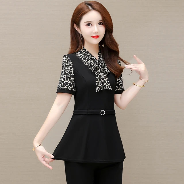 Eleganza Sommer Damen Vintage Lockeres Peplum Top mit Schwarzer Schleife