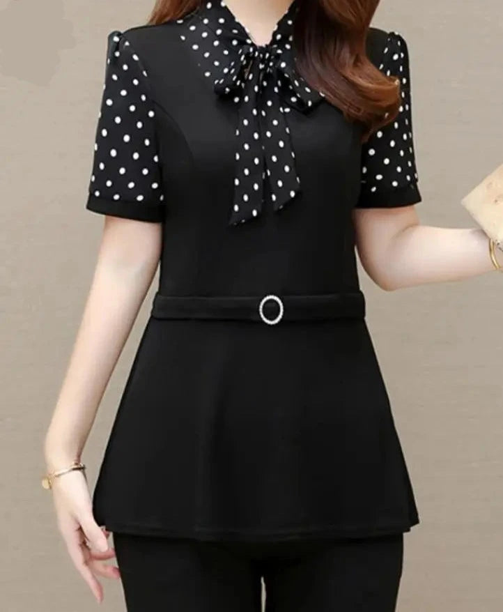 Eleganza Sommer Damen Vintage Lockeres Peplum Top mit Schwarzer Schleife